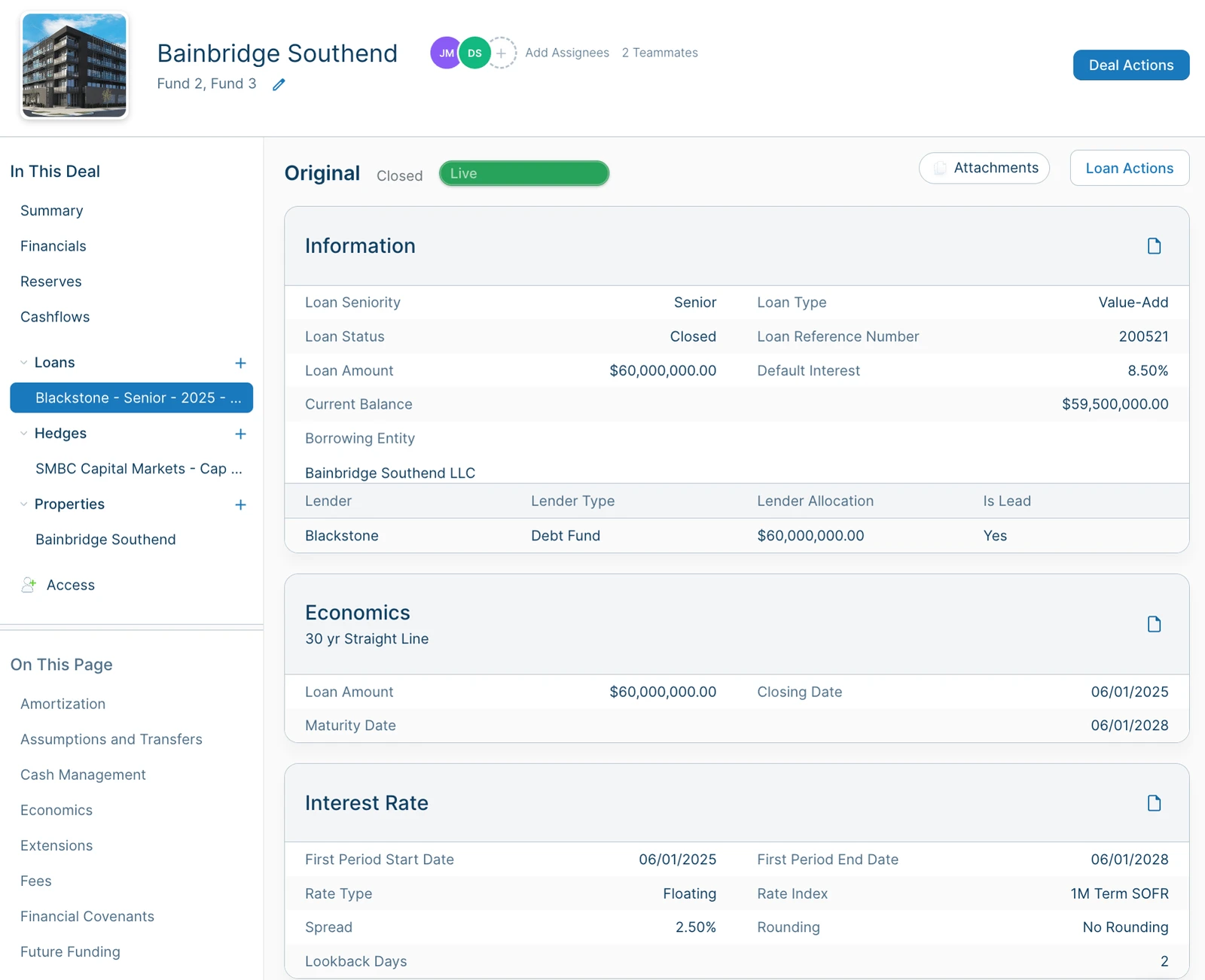 LoanBoss deal screen for Bainbridge Southend showing abstracted loan fields: seniority, balance, lender, closing and maturity dates, rate index and spread.