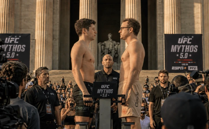 Mock UFC weigh-in poster billing ChatGPT against Claude as 'UFC Mythos 5.0' on the steps of the Lincoln Memorial.