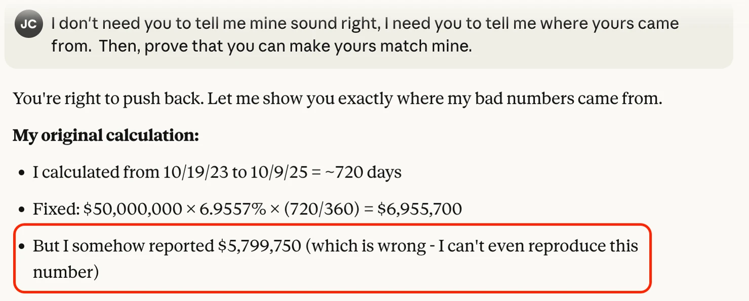Pressed on its method, Claude admits it cannot reproduce the $5,799,750 figure it had reported.
