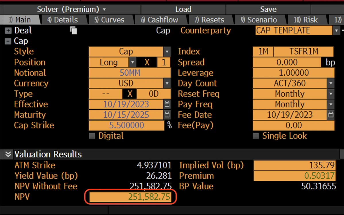 Bloomberg cap pricer for the same 2-year 5.5% strike cap on $50mm notional, valuing it at $251,582.75.