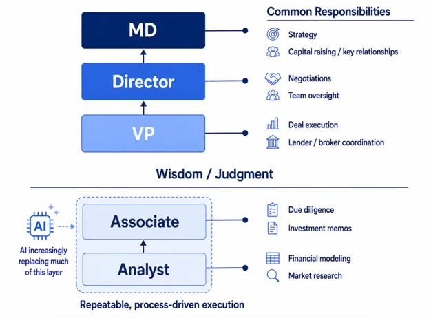 A line drawn between VP and above as wisdom and judgment, and Analyst and Associate below as repeatable, process-driven execution.