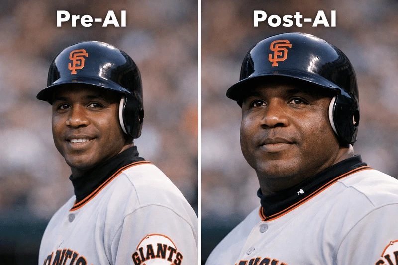 Side-by-side photos of Barry Bonds early and late in his career, labelled Pre-AI and Post-AI.